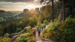 wandergruppe in der sächsischen schweiz mit sonne und bergen im hintergrund
