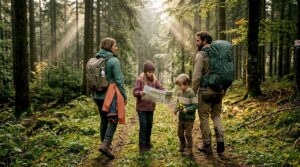 Früh am Morgen macht sich eine Familie gemeinsam auf den Weg zu einer Wanderung durch den stillen Wald.