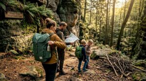 Eine Familie erkundet wandernd die malerische Landschaft der Sächsischen Schweiz.