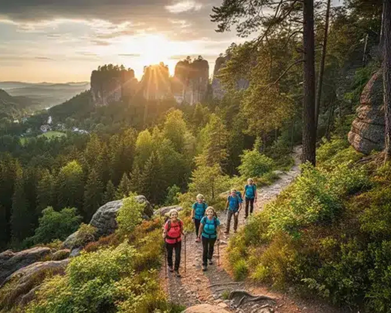 wandergruppe in der sächsischen schweiz mit sonne und bergen im hintergrund
